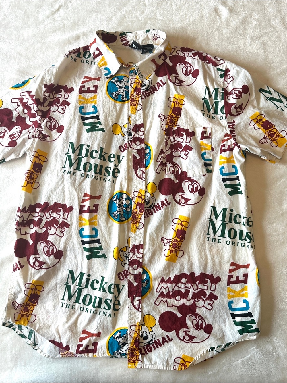 Mickey Mouse White Graphic Button-Up Shirt Mens Size Large